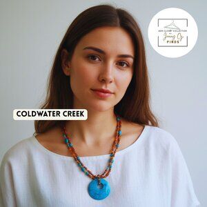 Coldwater Creek Boho Double Strands Turquoise Necklace with Horn & Wood Chain